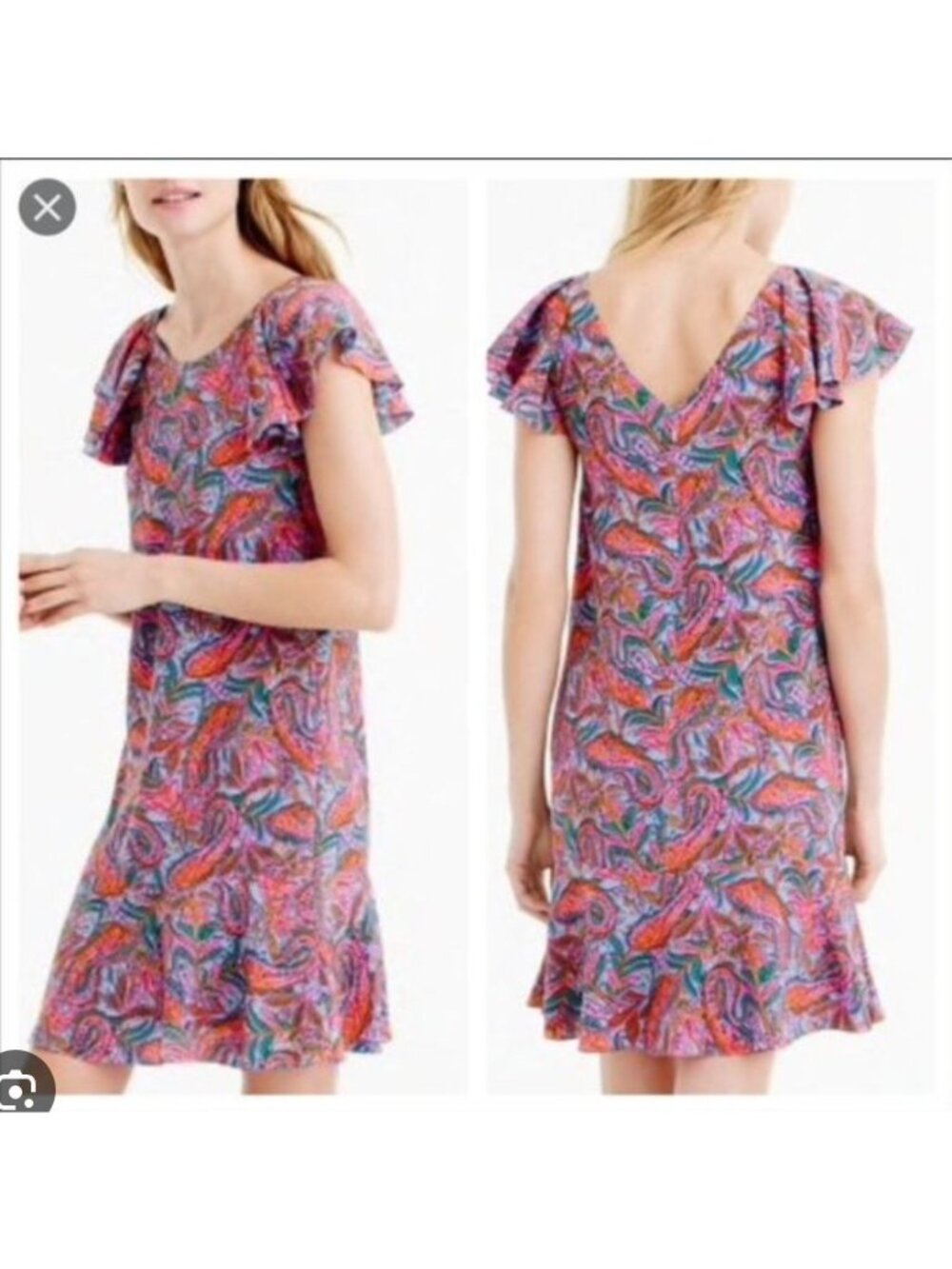 J. Crew Silk Paisley Ruffle Dress Size 12 Flutter Sleeve Lined Style F4349